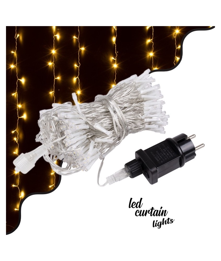 85826 Διακοσμητική Κουρτίνα 3 x 3 Μέτρα με Controller 8 Προγραμμάτων Εναλλαγών Φωτισμού - Επεκτεινόμενη 300 LED 3.6W AC 230V με Διάφανο Καλώδιο & Πρίζα Schuko Αδιάβροχη IP44 Θερμό Λευκό 2700K Μ3 x Υ3m